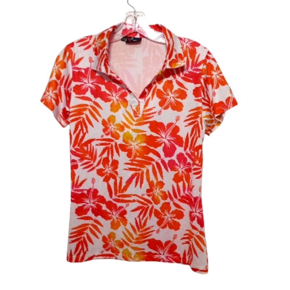 Yatta Golf -Floral Print Women's Top - Orange and Pink - Size M